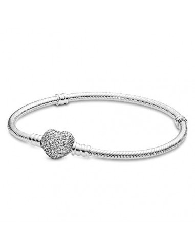 Pandora Unisex Silver Bracelet With Heart-Shaped Clasp And Cubic Zirconia Fin de série