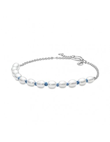 Pandora Unisex Sterling Silver Bracelet With White Freshwater Cultured Pearl And Blue Cord à prix réduit toute l'année